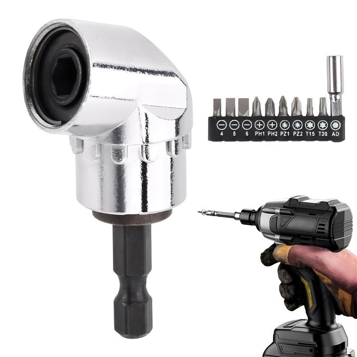 Адаптер за ъглово пробиване на 105 градуса, TREXORA, комплект с 10 накрайника за отвертка, сребрист