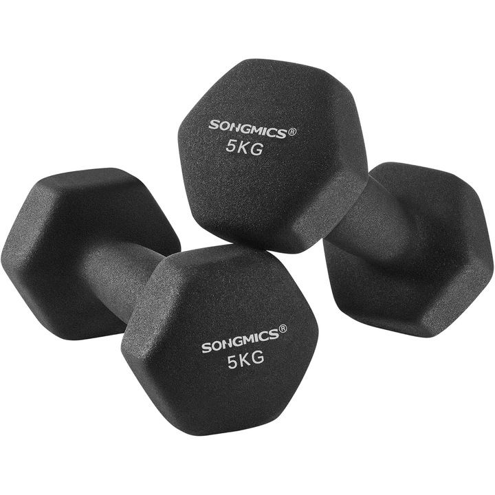 Set gantere hexagonale SONGMICS 2x5 kg, fonta cu invelis neopren, maner ergonomic antialunecare, negru