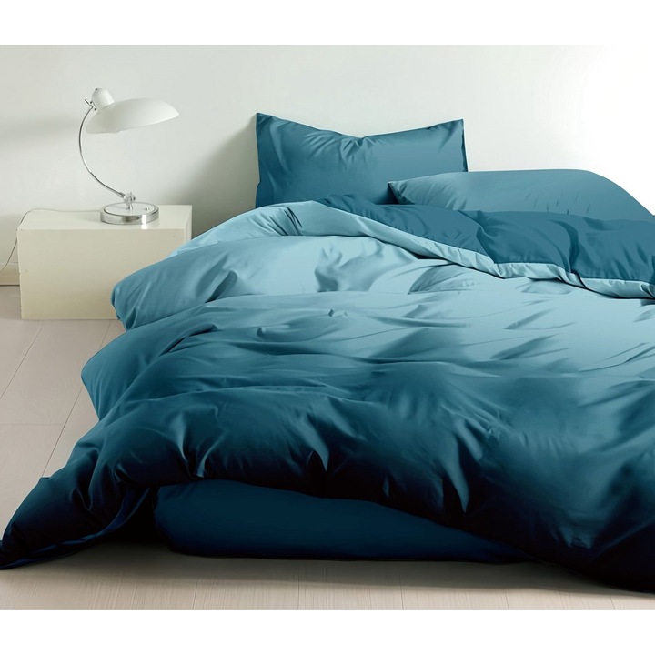 Set Lenjerie de Pat cu Elastic, 4 Piese, Material Bumbac Tip Finet, 180x200cm Uni, cu 2 Fete de Perna Incluse, Turcoaz