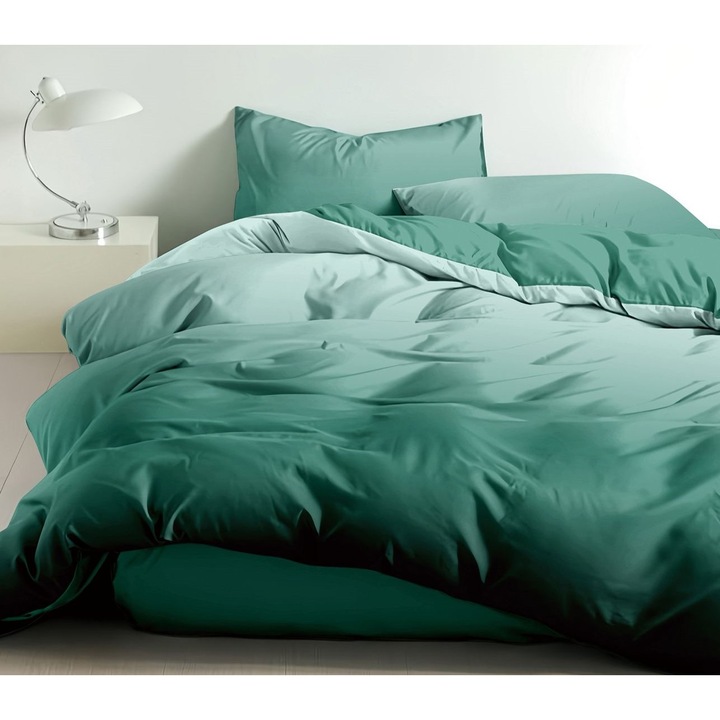 Set Lenjerie de Pat cu Elastic, din Bumbac tip Finet, 4 Piese, 180x200cm, cu 2 Fete de Perna 50x70cm, Verde