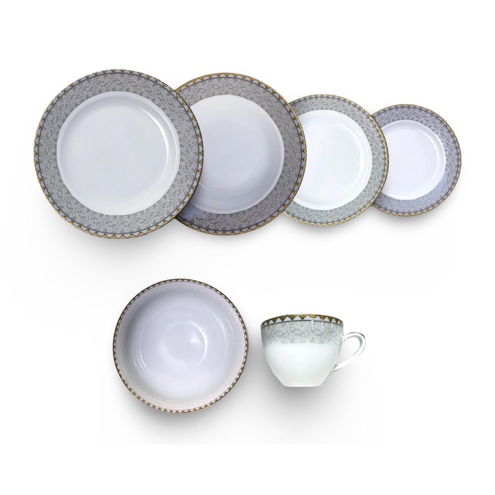 Set vesela portelan Veselo Mardin, 36 piese, alb, motive gri, foita de aur 24K