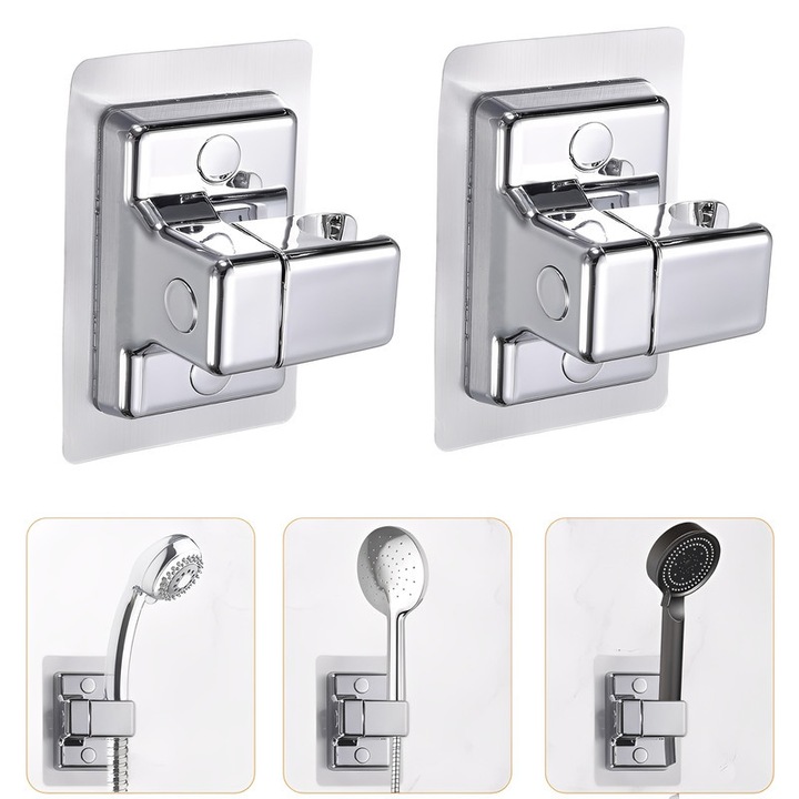 Set 2 suporturi pentru dus autoadezive, TREXORA, rotative 360°, ajustabile, argintii