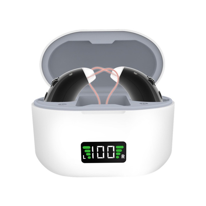 Слухови апарати, комплект от 2 броя, шумопотискане, кутия за зареждане с индикатор за нивото на батерията, удобен дизайн за поставяне в ухото, черен цвят