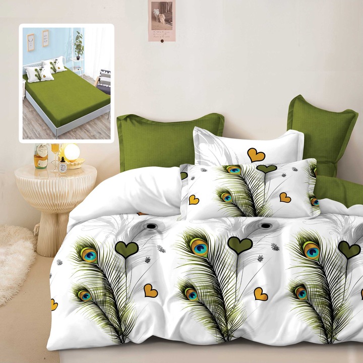 Finet Cotton 6 részes franciaágynemű matrachuzattal 160x200 vagy 180x200 cm, paplanhuzat 200x230 cm, 2 párnahuzat 50x70 és 70x70 cm, fehér / zöld, Pucioasa FANII V1