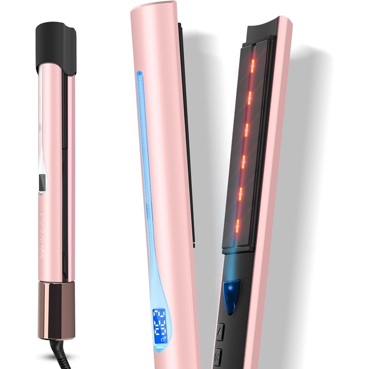 Placa de indreptat parul cu infrarosu si ioni, PARWIN PRO BEAUTY 2-in-1, ondulare si indreptare, terapie cu infrarosu si ioni, efect anti-incretire si stralucire, 14 setari de temperatura 100-230 °C, roz