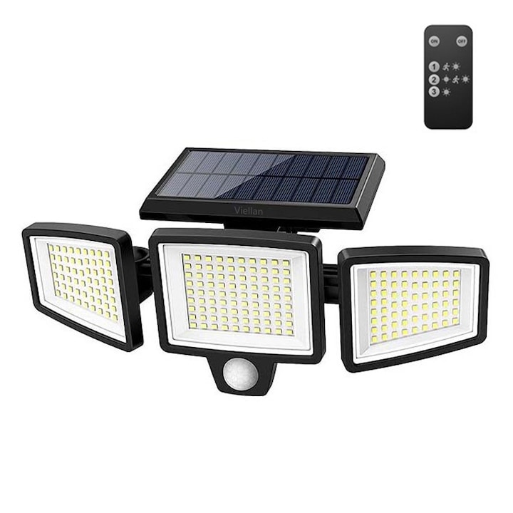 Външна LED соларна лампа VIELLAN, със сензор за движение, 3 регулируеми глави, 2500lm, 210 LED, батерия 2400mAh, IP65, с дистанционно управление, за градина, алея, вход на къща, черна