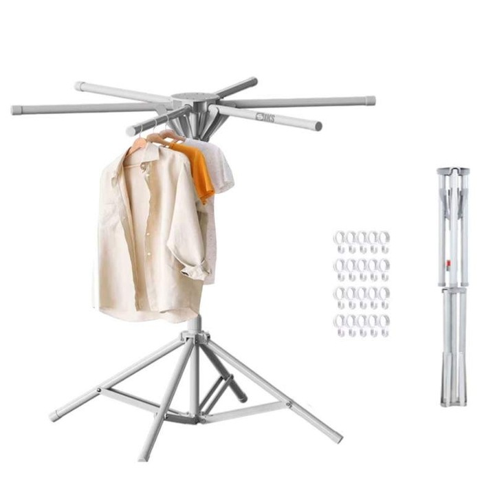 Uscator De Rufe Vertical SIKS, Tip Umbrela, Pliabil, Mobil, Suport Umerase, 6 Brate, Uscare 360°, Inaltime Reglabila Pana La 150cm, Gri