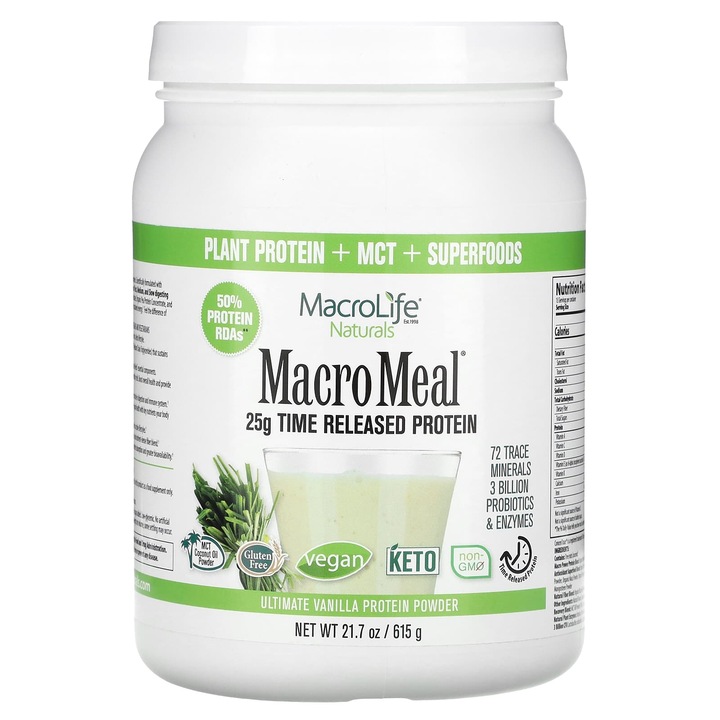 Pudra de proteine MacroMeal, Macrolife Naturals, vanilie, 615 g, vegana, fara gluten, continut ridicat de proteine