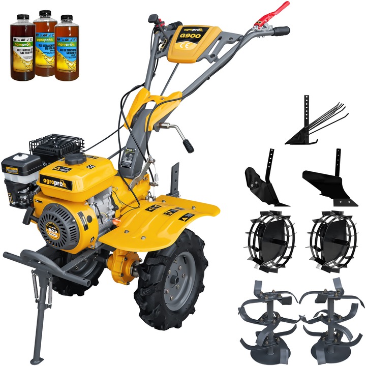Motocultor AgroPro G900, motor 8 CP, benzina, 2+1 viteze, latime lucru 65-95 cm, freze, roti cauciuc 4.00x8", roti metal, plug arat, rarita reglabila, plug cartofi, 3l ulei