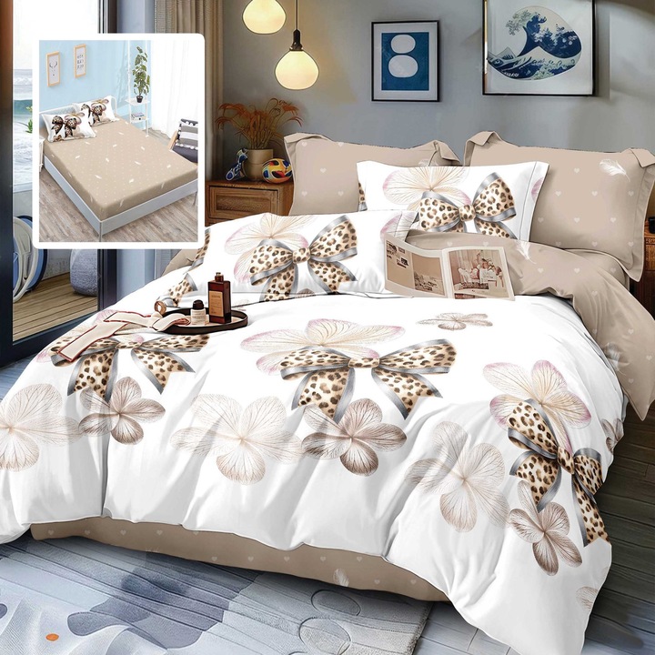 Lenjerie pat dublu Finet Bumbac 6 piese cu husa saltea 160x200 sau 180x200 cm, pilota 200x230 cm, 2 fete perna 50x70 si 70x70 cm, Alb / Bej, Pucioasa GATA V2