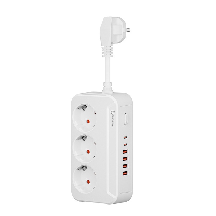 Разклонител 9 в 1, LEHOTPIA, 3 контакта, 4 USB порта, 2 Type-C порта, 5V 2.1A, 2500W, Защита от пренапрежение, Превключвател, Бял