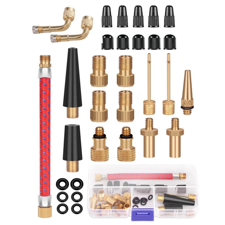 Set adaptor pentru supape de bicicleta, 32 piese, adaptoare DV, SV, AV Compatibil cu tipurile de supape obisnuite Duritate ridicata si rezistenta la uzura Etanseitate ridicata Portabil Constructie din alama de calitate superioara