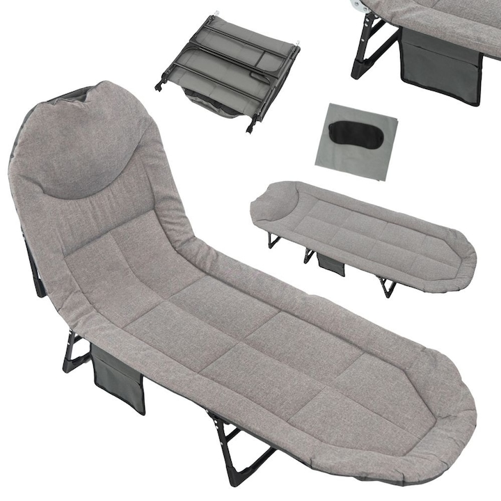 Pat de camping Artnico, reglabil, multifunctional, gri, 200x65cm