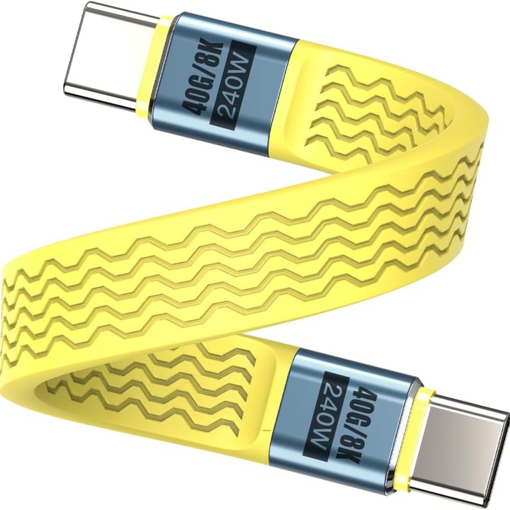 Къс USB-C към USB-C кабел за данни, 40Gbps, бързо зареждане SuperFastCharge 120W, 8K видео, 13см, SSD/OTG трансфер, Жълт, Съвместим с iPhone 15/MacBook/Android/PC, YakiHoki®