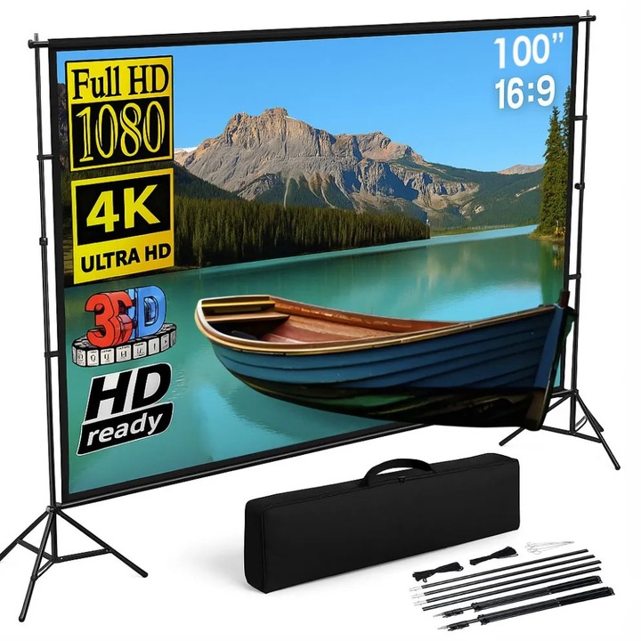 Екран за прожекция 100 инча с триножник, Linomag, Предна/задна прожекция, Формат 16:9, 4K HD, Широк ъгъл 160°, Идеален за вътрешна и външна употреба, Сгъваем, бърз монтаж, Включен калъф за транспорт, 100", Бял