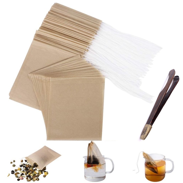 Set 200 saculeti filtru de ceai cu snur, Axroad Mall, Pungi de ceai de unica folosinta, Cu cleste, Sigur si non-toxic, Rezistent la temperaturi ridicate, Fara aschii si miros, Biodegradabile, Pentru ceai vrac, ceai parfumat DIY, Hartie, 5x7cm, Maro