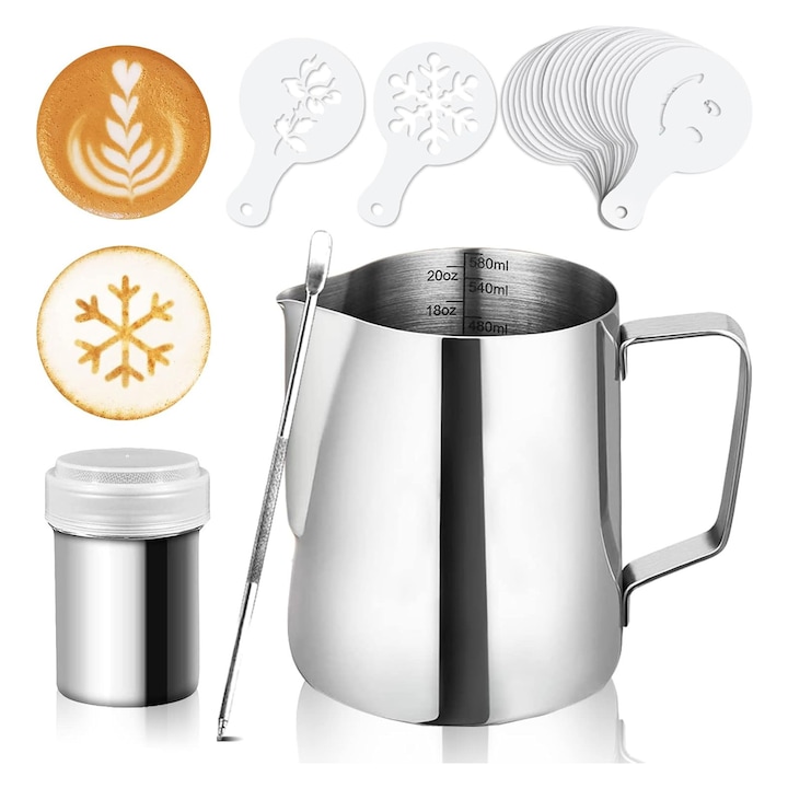 Кана от неръждаема стомана за разпенване на мляко, Axroad Mall, С мерни маркировки и писалка за лате арт, Комплект аксесоари за декорация на кафе, С дръжка и чучур, За разпенване на мляко, За мляко, капучино, лате арт, 350 мл, Сребриста