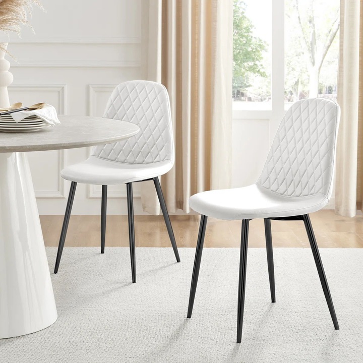 Scaune de sufragerie luxoase din piele sintetica matlasata in forma de romb, cu picioare metalice subtiri