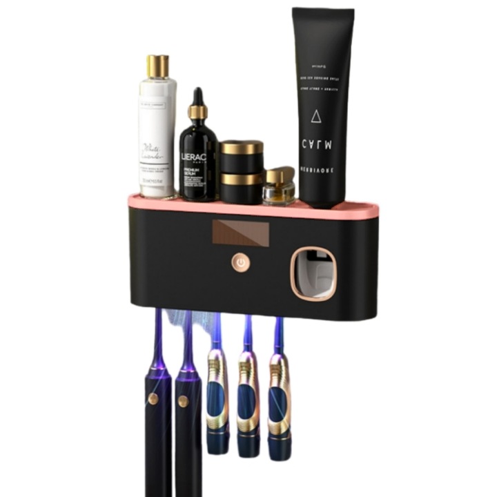 Стойка за четки за зъби с UV стерилизация, 5 слота, дозатор за паста за зъби, монтаж без пробиване, соларно/USB зареждане, черно/розово злато