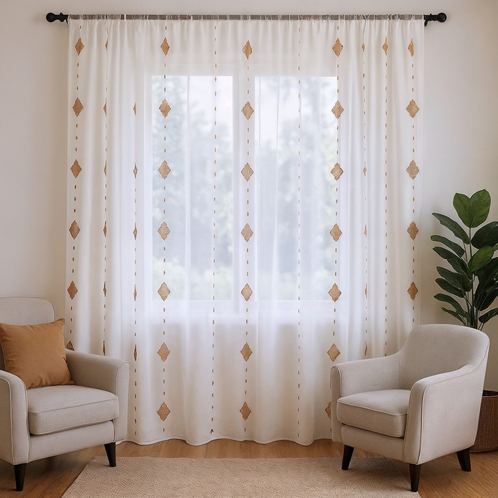 Perdea semi-transparenta din in, magazincovoare, cu broderie geometrica, alb, 200x250 cm