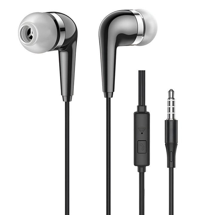 Casti Audio In-Ear cu Jack 3, 5mm, Stereo Premium, Microfon, Confort, Sport si Muzica, DaDen EJ077, Negru