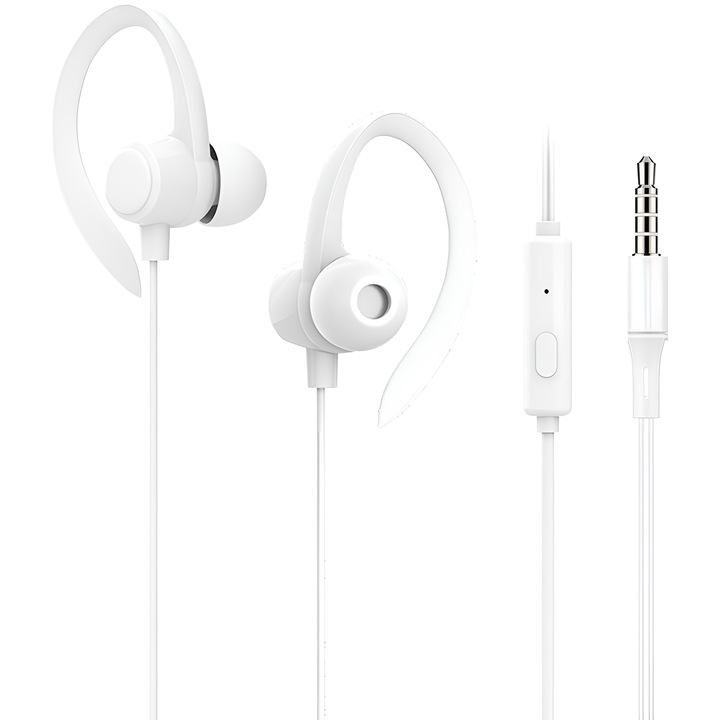 Casti Audio In-Ear Sport cu Jack 3, 5mm, Stereo Premium, Microfon, Confort, Sport si Muzica, DaDen EJ052, Alb