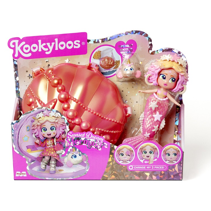 Papusa cu accesorii KookyLoos - Sirena Sunset Dream, gentuta scoica, 2 tinute, accesorii tematice