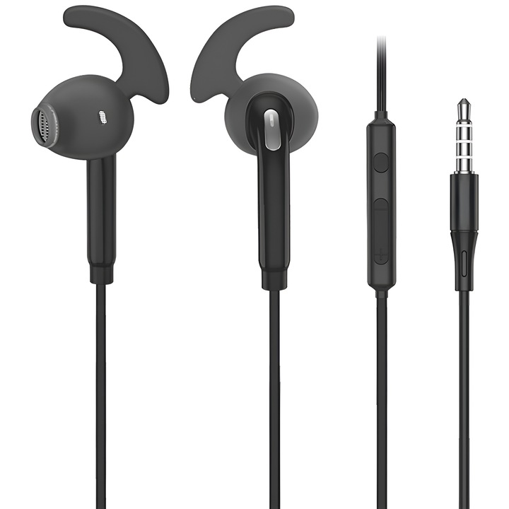Casti Audio In-Ear Sport cu Jack 3, 5mm, Stereo Premium, Microfon, Confort, Sport si Muzica, DaDen EJ065, Negru
