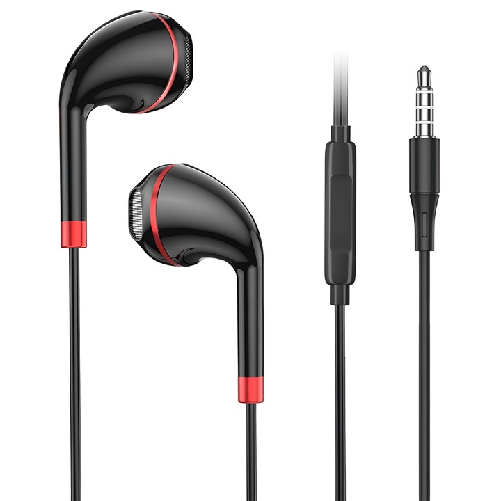 Casti Audio In-Ear cu Jack 3, 5mm, Stereo Premium, Microfon, Confort, Sport si Muzica, DaDen EJ066, Negru/Rosu