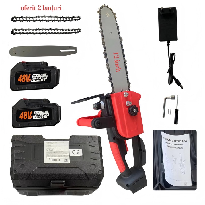 Mini fierastrau electric portabil / Mini drujba cu lant pe acumulator, lungime lama 12 inch,2 Baterie de mare capacitate, 2 Lanturi, rosie