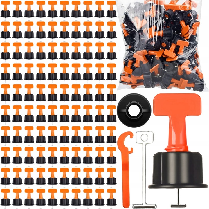 Set 100 de Piese Lewer®, Sistem Montare, Nivelare, Placi Ceramice, Gresie si Faianta, Reutilizabile, pentru Incepatori, Avansati, Dinstantiere, Rost 1.5mm, 100 Tije tip T, 2 Chei Strangere, Negru/Portocaliu