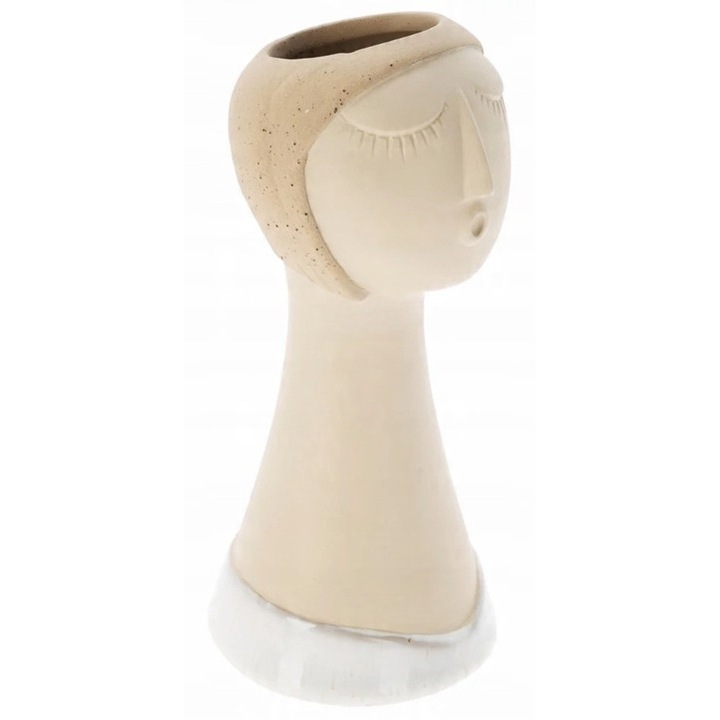 Vaza decorativa din portelan in forma de fata de femeie, Koompan, 22x9,5x9,5cm, bej, verde, roz