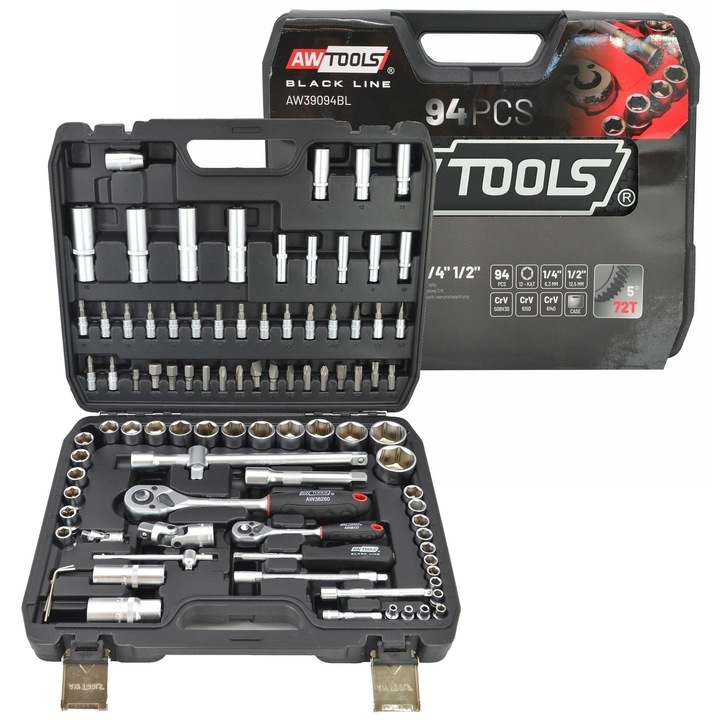 Set chei cu nasada 94 elemente, AW-NARZEDZIA, 1/2" si 1/4", din otel CrV si CrMo, in valiza, 6,5 kg