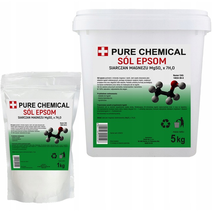 Sare Epsom Sulfat de magneziu, Chosa, Pure Chemicals, Calitate pura Romana, Minerale, Detoxifiere organism, Indulcirea apei, Ingrijire picioare, Masa 5kg + 1kg