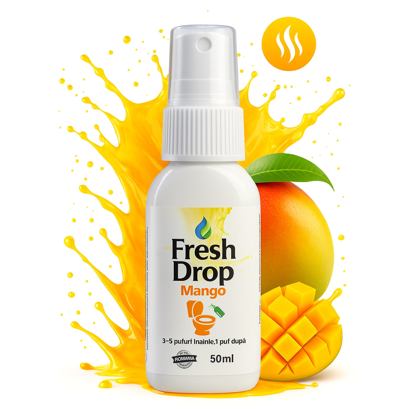 Spray Odorizant pentru WC, Elimina Mirosurile Neplacute si Dezinfecteaza Apa din Toaleta, Dalip Fresh Drop Mango, 50ml, Ideal pentru Toalete Publice sau de Serviciu