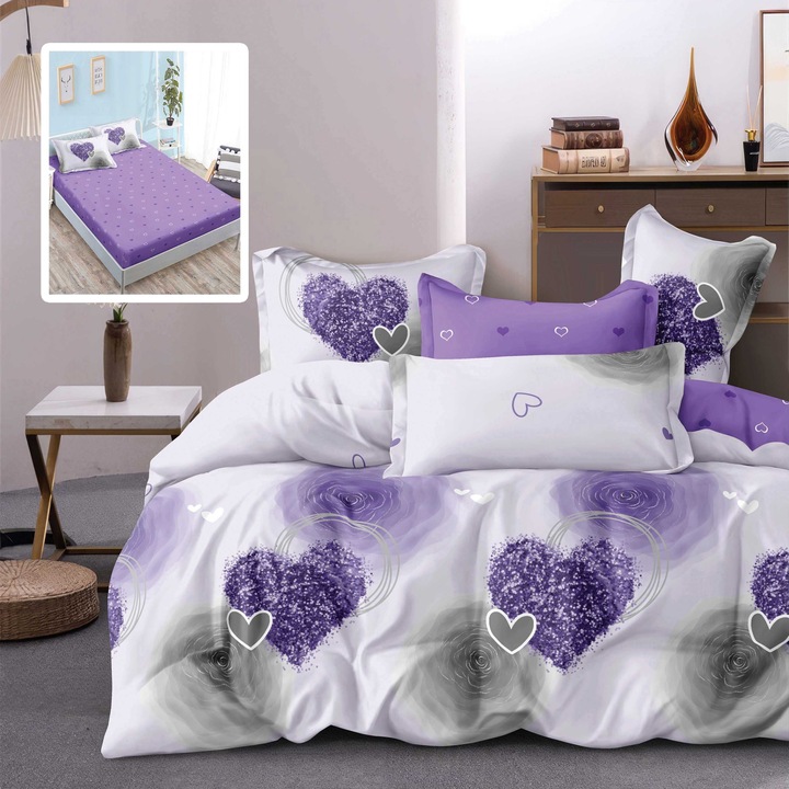 Finet Cotton 6 részes franciaágynemű matrachuzattal 160x200 vagy 180x200 cm, paplanhuzat 200x230 cm, 2 párnahuzat 50x70 és 70x70 cm, lila, Pucioasa TANIA V2