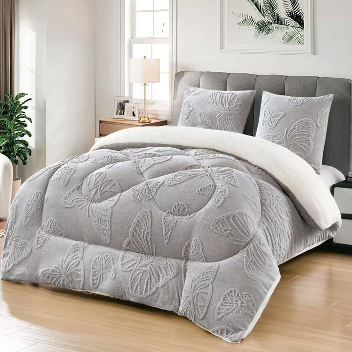 Set Pilota Cocolino, 3 Piese, Tricotata cu Model de Fluturi in Relief, 200x230 cm, UNI, cu 2 Fete de Perna 62x62 cm