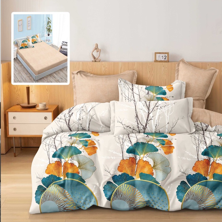 Finet Cotton 6 részes franciaágynemű matrachuzattal 160x200 vagy 180x200 cm, paplanhuzat 200x230 cm, 2 párnahuzat 50x70 és 70x70 cm, bézs / zöld, Pucioasa TARA V2