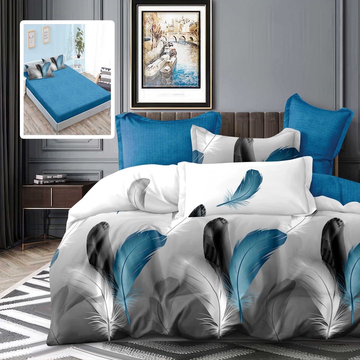 Finet pamut franciaágynemű 6 darabos matrachuzattal 160x200 vagy 180x200 cm, paplanhuzat 200x230 cm, 2 párnahuzat 50x70 és 70x70 cm, türkiz / szürke, kénszínű TINA V1