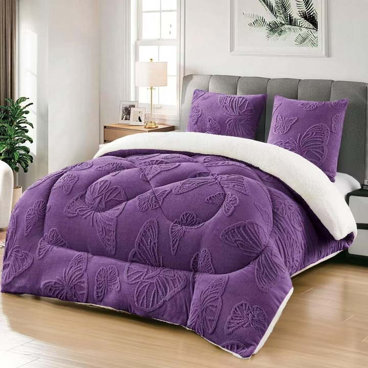 Set Pilota Cocolino, 3 Piese, Tricotata cu Model de Fluturi in Relief, 200x230 cm, UNI, cu 2 Fete de Perna 62x62 cm