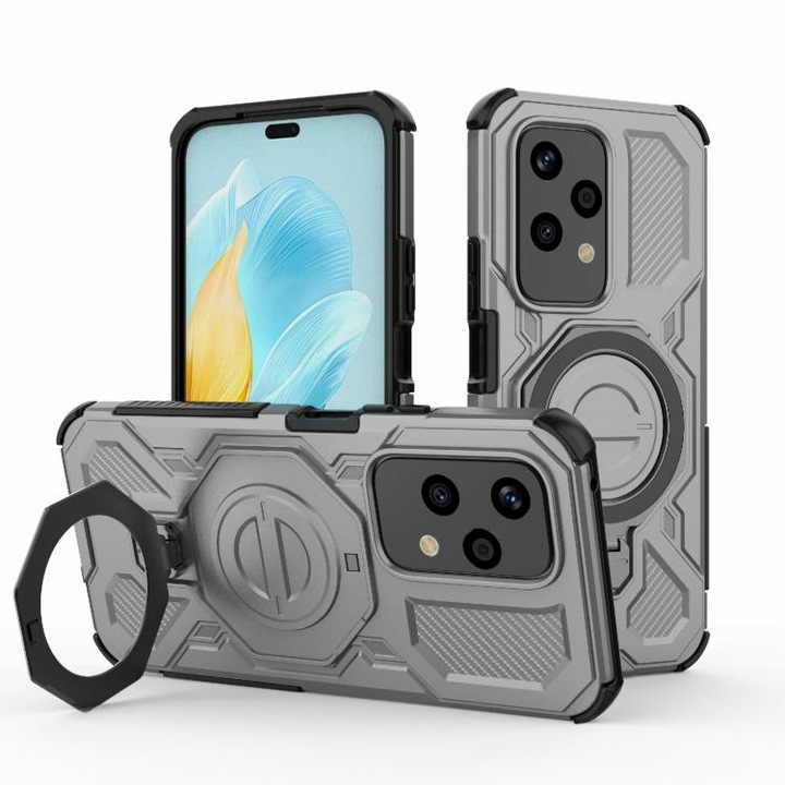 Кейс за Honor 200 Lite Carbon Shield PRO с въртящ се на 360 градуса пръстен, съвместим с Magsafe, удароустойчив, първокласно качество, Daden, сив