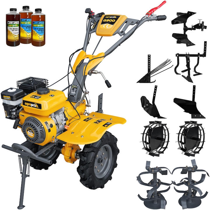Motocultor AgroPro G900, motor 8 CP, benzina, 2+1 viteze, latime lucru 65-95 cm, freze, roti cauciuc 4.00x8", roti metal, plug arat, rarita reglabila, plug cartofi, cultivator, plug reversibil, 3l ulei