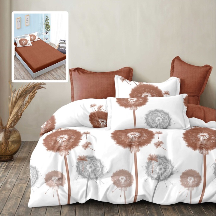 Finet Cotton 6 darabos franciaágynemű matrachuzattal 160x200 vagy 180x200 cm, paplanhuzat 200x230 cm, 2 párnahuzat 50x70 és 70x70 cm, Fehér / Barna, Pucioasa VALI V2