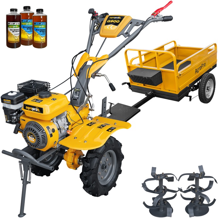 Motocultor AgroPro G900, motor 8 CP, benzina, 2+1 viteze, latime lucru 65-95 cm, freze, roti cauciuc 4.00x8", remorca, 3l ulei