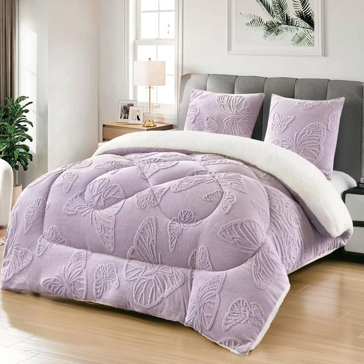 Set Pilota Cocolino, 3 Piese, Tricotata cu Model de Fluturi in Relief, 200x230 cm, UNI, cu 2 Fete de Perna 62x62 cm