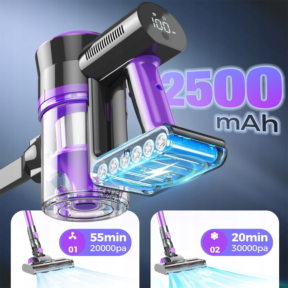 Aspirator vertical fara fir Ydene®, 4 in 1, 400W, 30Kpa, 2500 mAh*6, sistem de filtrare ciclonic, aspirator de mana, Afisaj LED, Iluminare LED, Filtre HEPA, putere de aspirare mare, Accesorii interschimbabile, 1.2 l, violet si gri