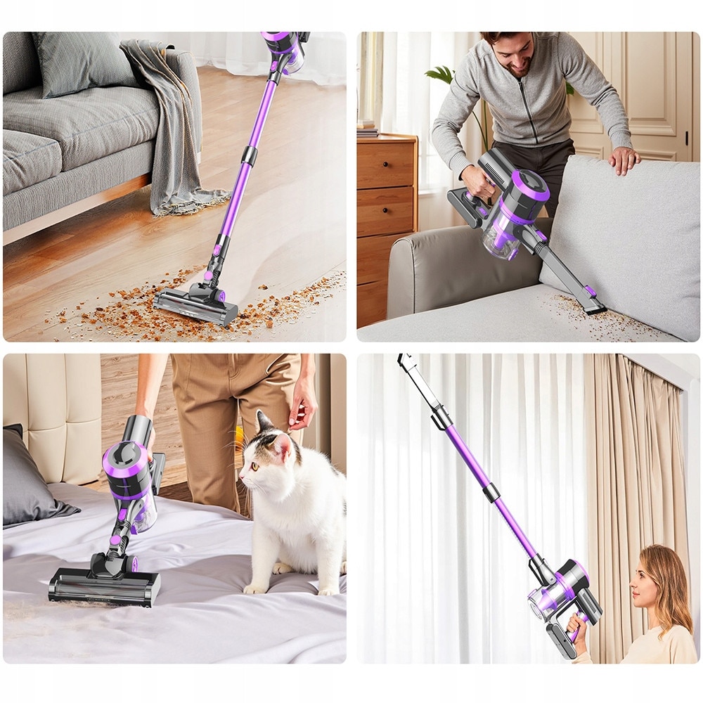 Aspirator vertical fara fir Ydene®, 4 in 1, 400W, 30Kpa, 2500 mAh*6, sistem de filtrare ciclonic, aspirator de mana, Afisaj LED, Iluminare LED, Filtre HEPA, putere de aspirare mare, Accesorii interschimbabile, 1.2 l, violet si gri