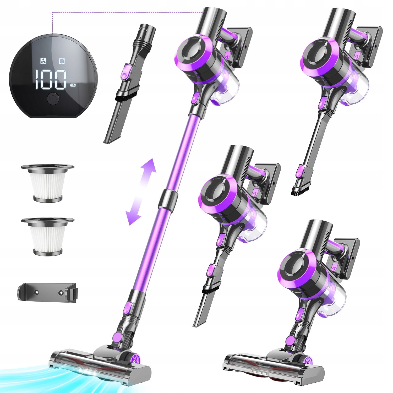 Aspirator vertical fara fir Ydene®, 4 in 1, 400W, 30Kpa, 2500 mAh*6, sistem de filtrare ciclonic, aspirator de mana, Afisaj LED, Iluminare LED, Filtre HEPA, putere de aspirare mare, Accesorii interschimbabile, 1.2 l, violet si gri
