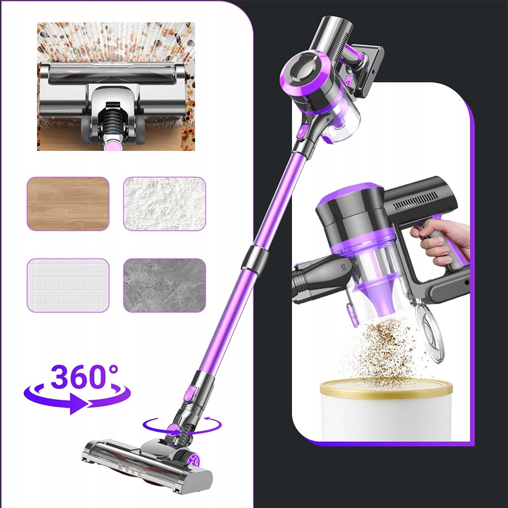 Aspirator vertical fara fir Ydene®, 4 in 1, 400W, 30Kpa, 2500 mAh*6, sistem de filtrare ciclonic, aspirator de mana, Afisaj LED, Iluminare LED, Filtre HEPA, putere de aspirare mare, Accesorii interschimbabile, 1.2 l, violet si gri