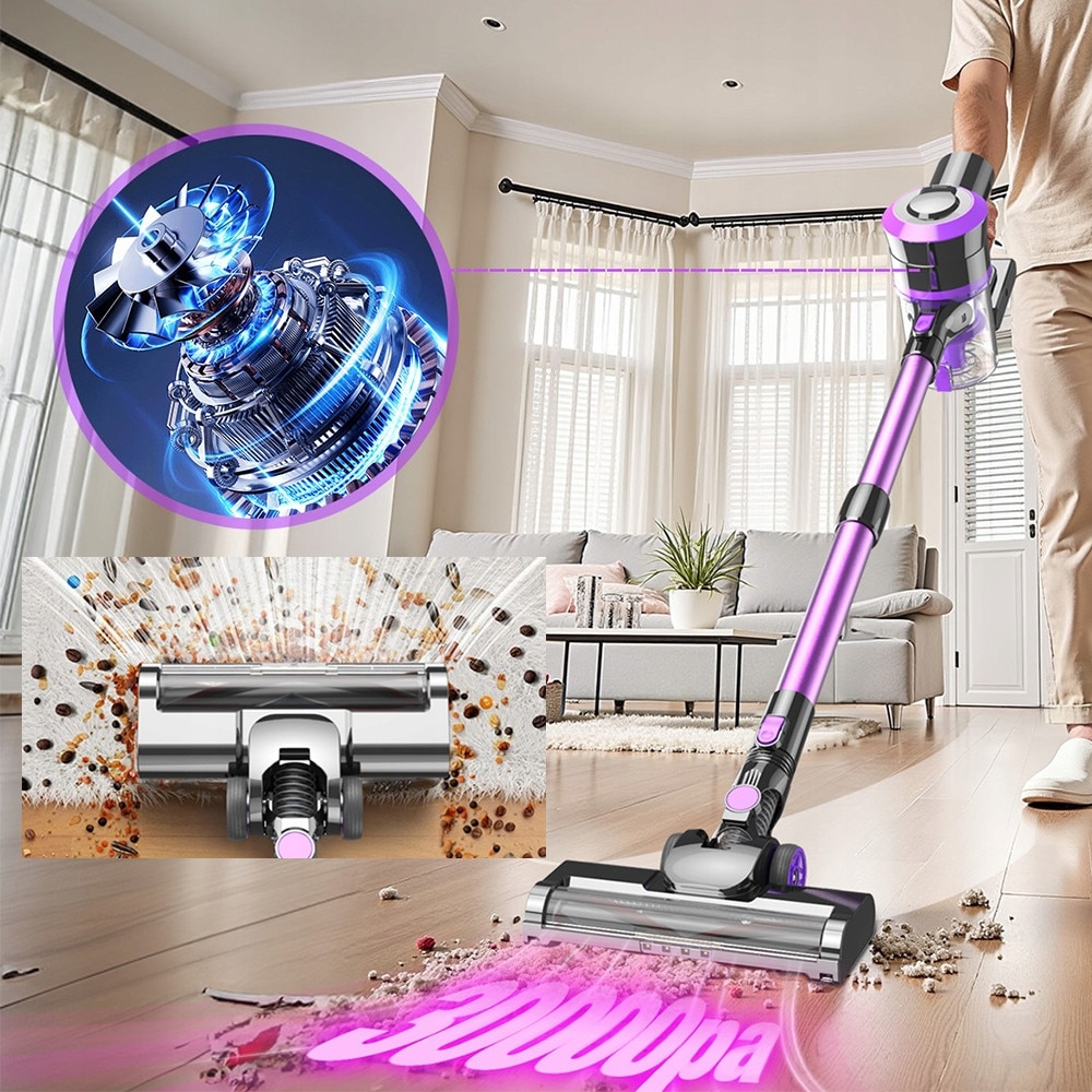 Aspirator vertical fara fir Ydene®, 4 in 1, 400W, 30Kpa, 2500 mAh*6, sistem de filtrare ciclonic, aspirator de mana, Afisaj LED, Iluminare LED, Filtre HEPA, putere de aspirare mare, Accesorii interschimbabile, 1.2 l, violet si gri